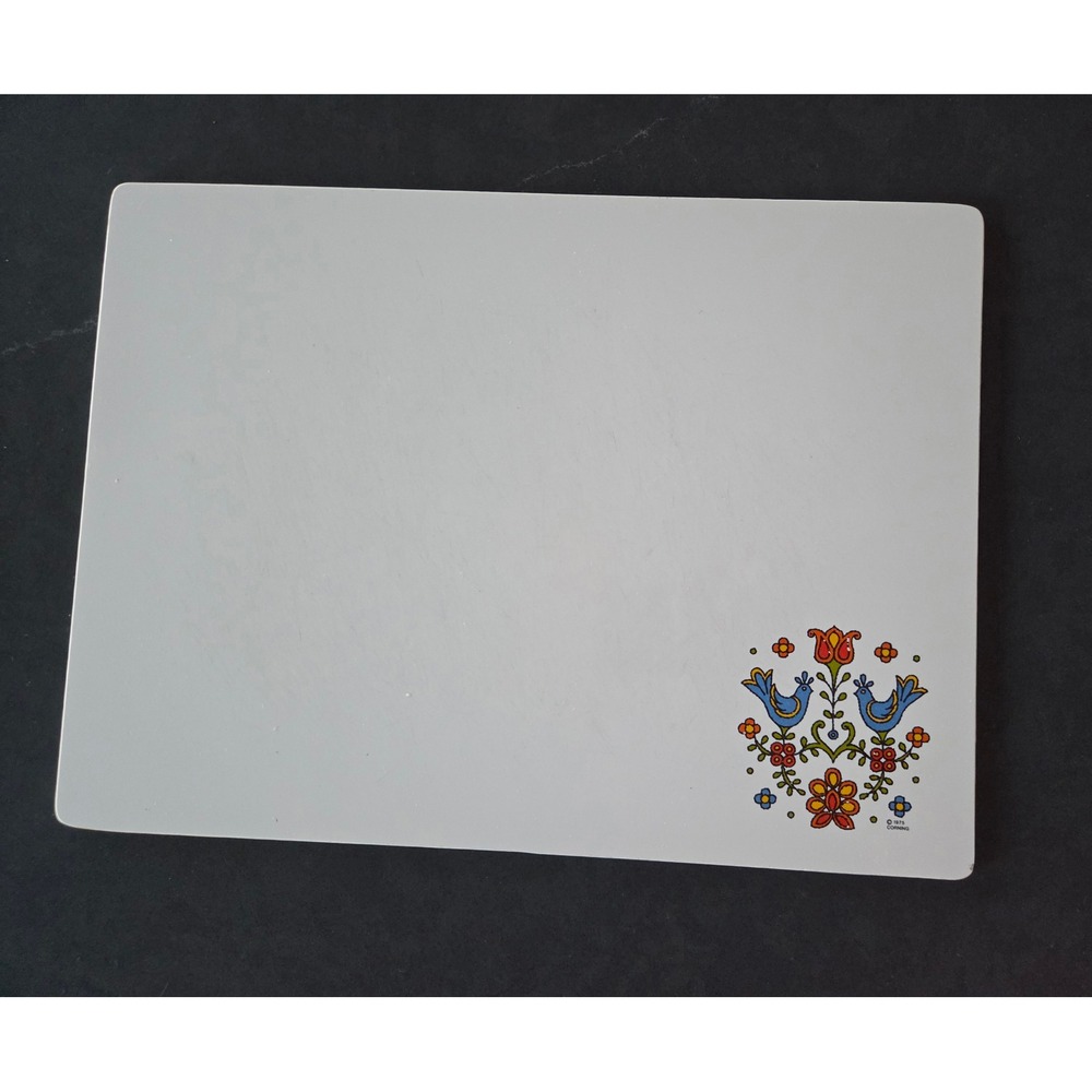 Vintage 1975 Corning Counter Saver Glass Cutting Board Country Festival Birds